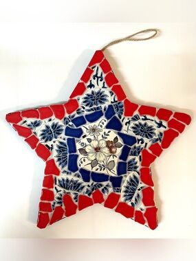 Handmade Mosaic Glass & Broken China Patriotic Red White Blue Star Wall Decor